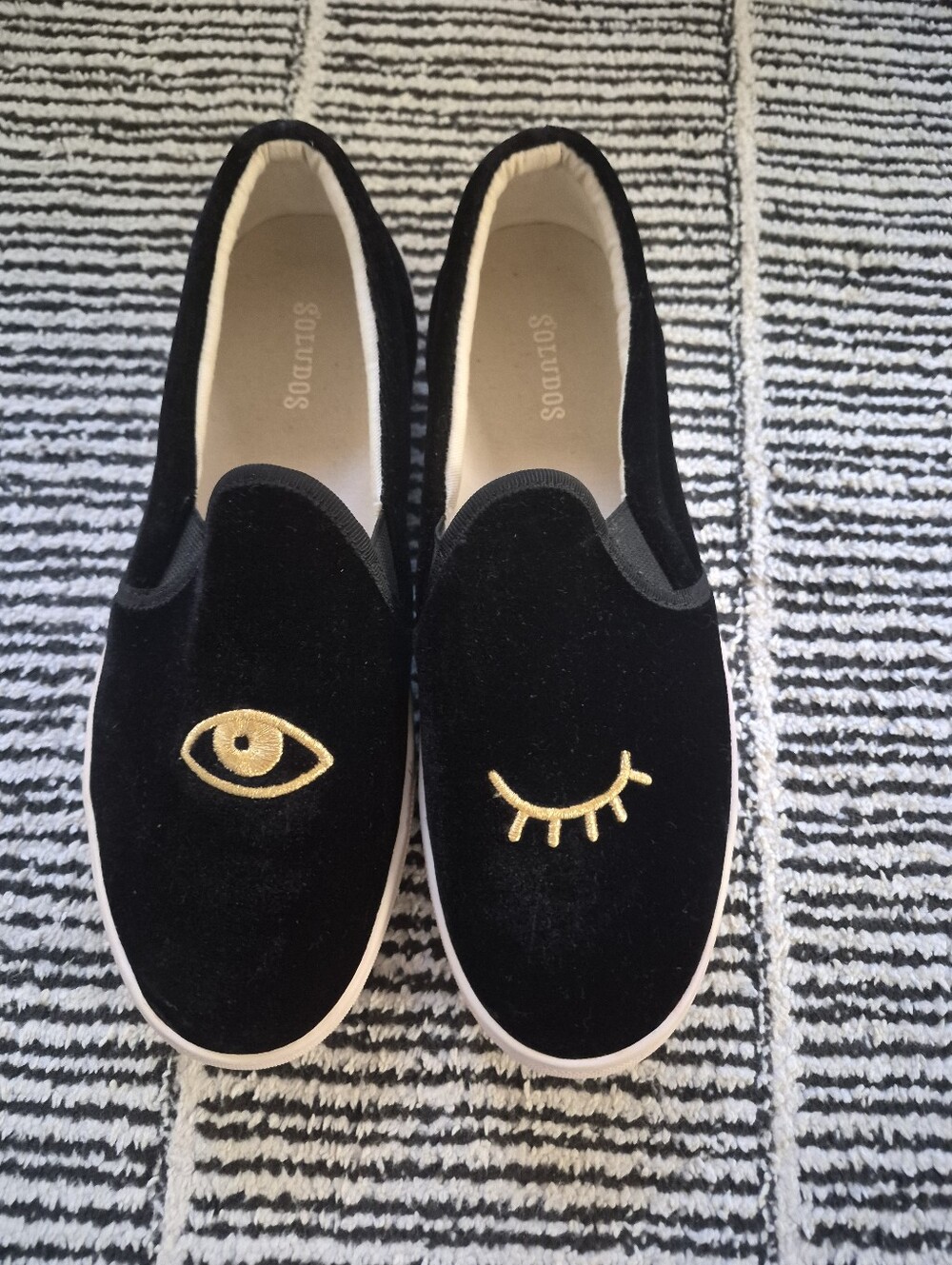 Soludos Velvet Wink Smoking Slipper Platform Sneakers Black Gold Size US 8.5
